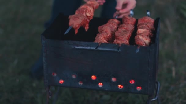 Man Cooking Barbecue Grill Meat Outdoors — Stock Video