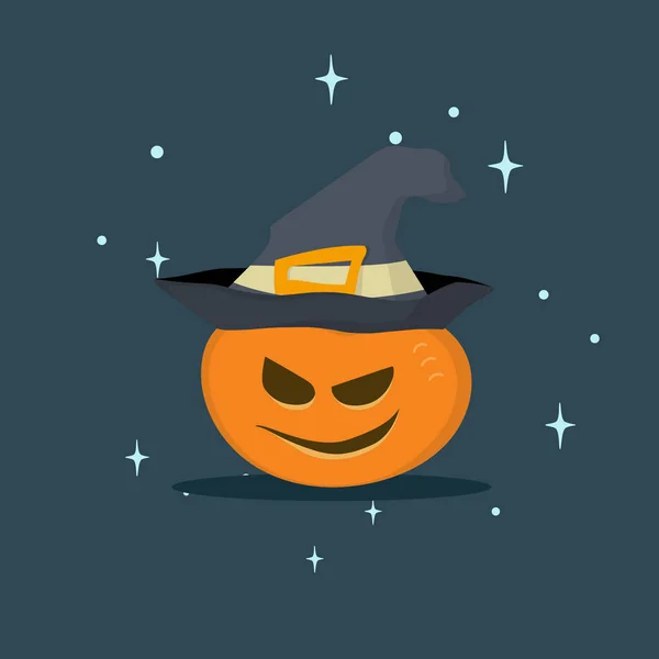 Хэллоуин Картина Злой Тыквой Шляпе Ведьмы Темном Фоне Среди Звезд — стоковый вектор