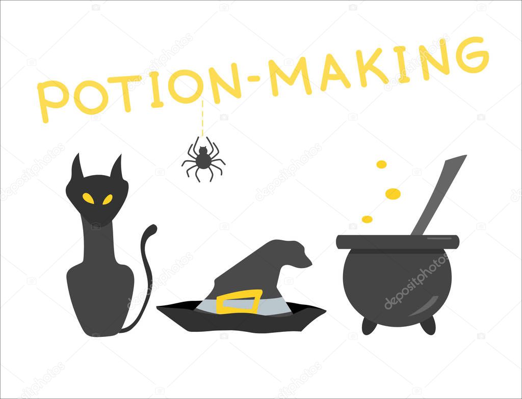 Festive composition on the theme of potion-making and magic. Set of witches. Good for use on a Halloween or a children's holiday.