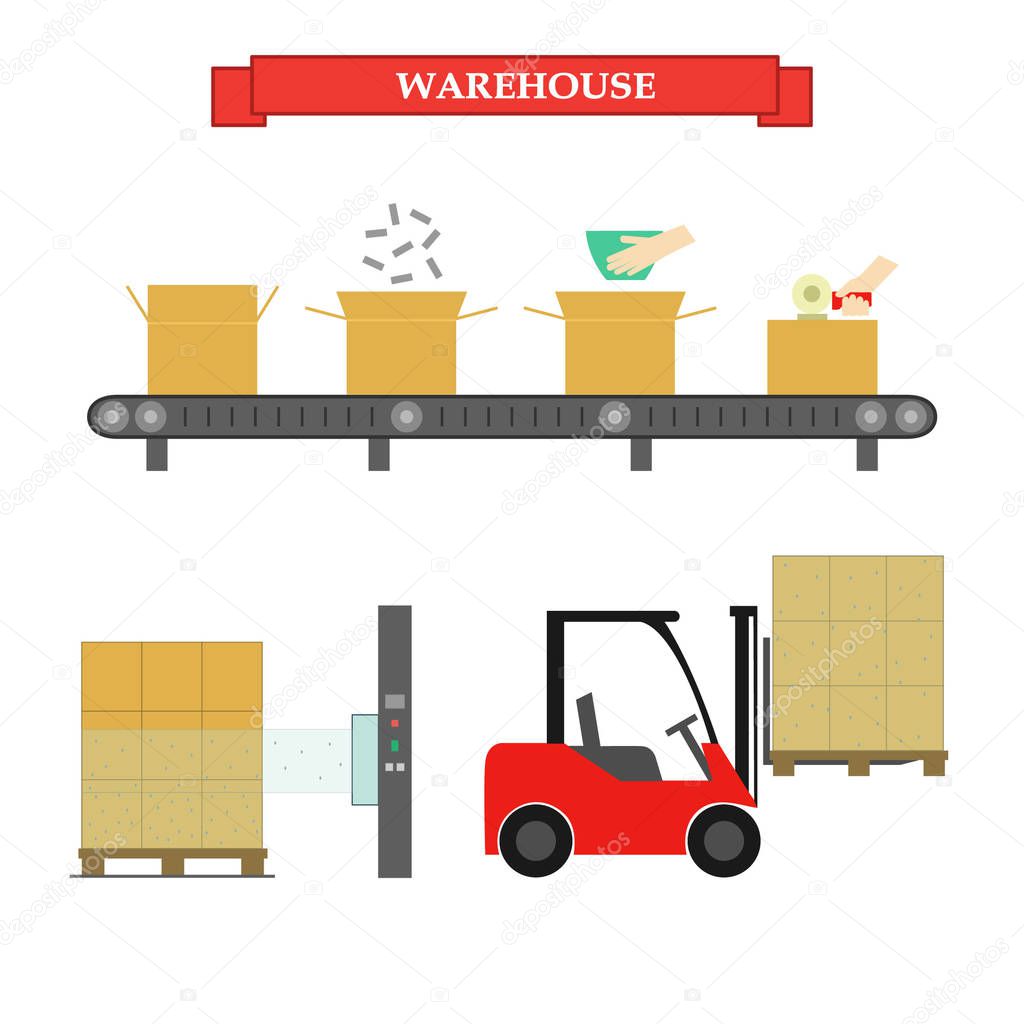 Packing boxes in the warehouse for shipment. Work in the stock. Vector illustration