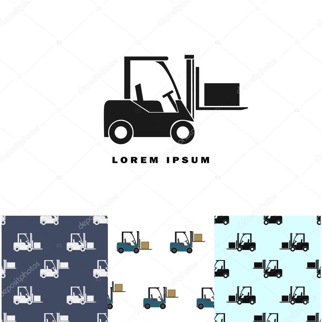 Collection of logo and three seamless patterns with trucks. Branding identity for cargo business