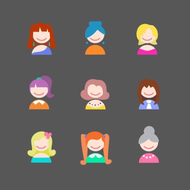 Erkek koleksiyonu avatarlar yüzler. Değişik saç modelleri kızlarla. Vektör çizim