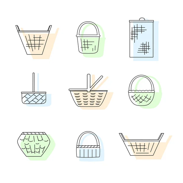 Set Various Baskets Wicker Empty Baskets Linear Style — Stock Vector