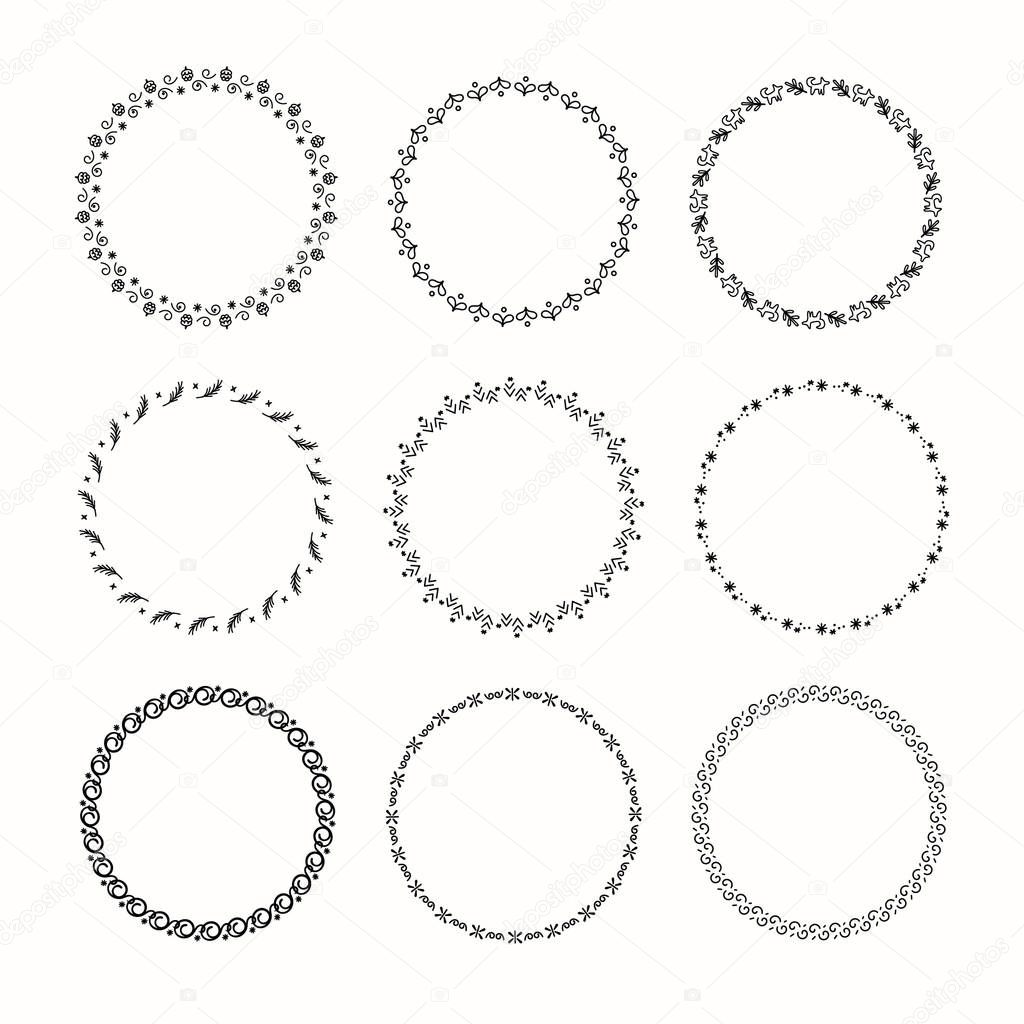 Holiday collection of vector graphic circle frames. Wreaths for Christmas design