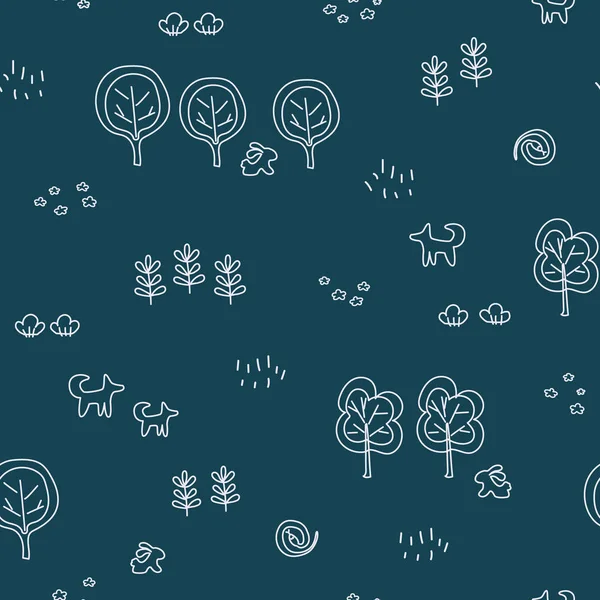 Modèle Sans Couture Avec Des Motifs Forestiers Arbres Buissons Fleurs — Image vectorielle