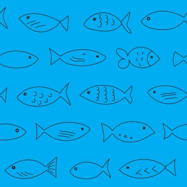 Yüzme balık sürüsü. Seamless modeli. Elle çizilmiş tasarım
