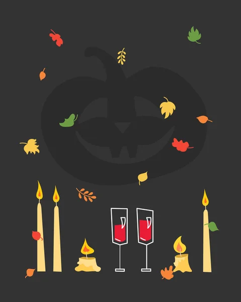 Cartel Romántico Para Una Fiesta Halloween Con Caída Hojas Velas — Vector de stock
