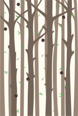 Arka plan ağaç gövdeleri ve düşen çam kozalakları ve iğne ile. Bir kulübe orman. 