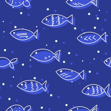 Yüzme balık sürüsü. Seamless modeli. Elle çizilmiş tasarım