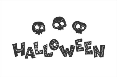 Poster veya Halloween kartpostal tebrik. Yazıt ve kafatasları karikatür tarzı yaptı ve basit desenleri ile dekore edilmiştir.