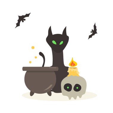 Tema kompozisyonu iksir yapma ve büyü. Harika tebrik kartları, davetiyeler, posterler, el ilanları, tekstil, t-shirtler, ileti örneği, Hatıra Eşyası için. Cadılar Bayramı kutlamak için uygun.