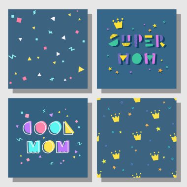 Kartpostallar ve arka planlar anneler günü için kümesi. Koyu arka plan. Karikatür tarzı. Soğuk Anne, süper anne.