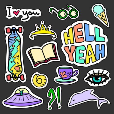 Renkli karikatür rozetleri kümesi. Vektör çizim kullanmak yama, etiket, pin. 