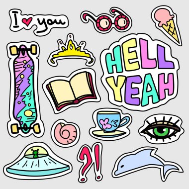 Renkli karikatür rozetleri kümesi. Vektör çizim kullanmak yama, etiket, pin. 