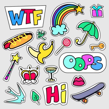 Renkli karikatür rozetleri kümesi. Vektör çizim kullanmak yama, etiket, pin. 