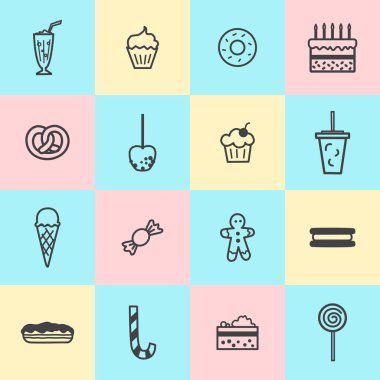 Çeşitli şekerlemeler betimleyen resimler koleksiyonu. Tatlılar lineer tarzda.