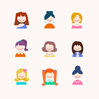 Erkek koleksiyonu avatarlar yüzler. Değişik saç modelleri kızlarla. Vektör çizim