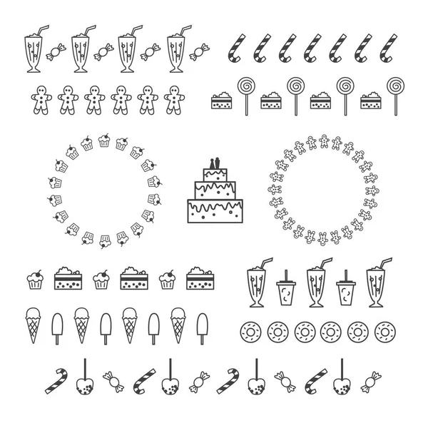 Pasticceria Dolci Raccolta Bordi Grafici Vettoriali Cornici Circolari Design Lineare — Vettoriale Stock