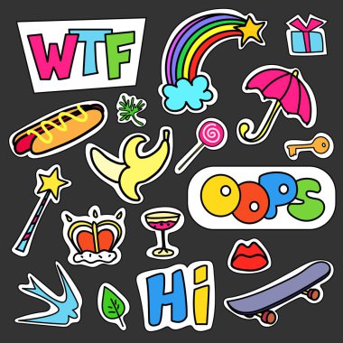 Renkli karikatür rozetleri kümesi. Vektör çizim kullanmak yama, etiket, pin. 