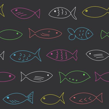 Yüzme balık sürüsü. Seamless modeli. Elle çizilmiş tasarım