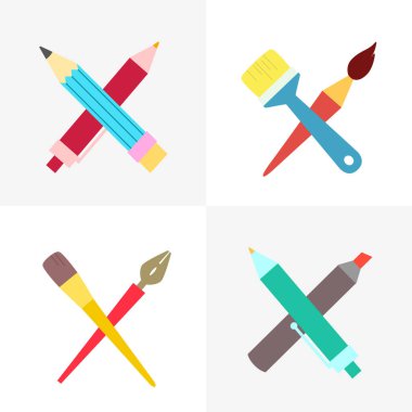 Sanat organizasyonları için markalı logoları koleksiyonu: okullar, stüdyoları, şirketleri. Çapraz sanat araçları. 