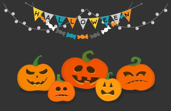 Tarjeta Felicitación Para Halloween Grupo Calabazas Con Diferentes Emociones Guirnaldas — Vector de stock