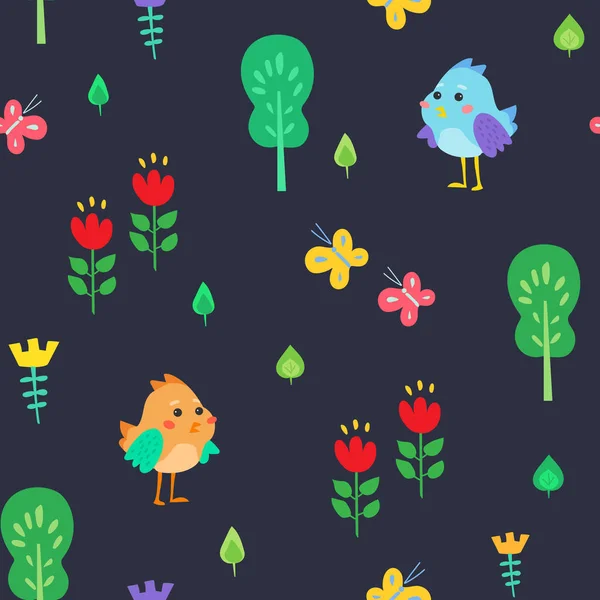 Cute Children Seamless Pattern Funny Birds Nature Trees Leaves Flowers — Stock Vector