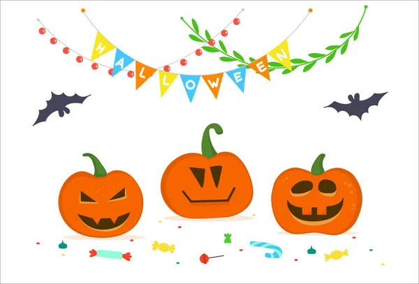 Postal Para Halloween Con Calabazas Felices Guirnaldas Festivas Dulces — Vector de stock