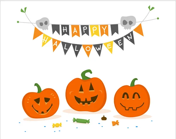 Postal Para Halloween Con Calabazas Felices Guirnaldas Festivas Dulces — Vector de stock