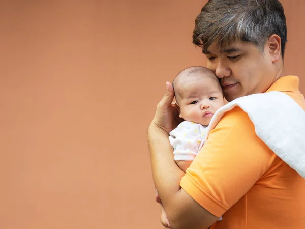 Portrait Happy Asia Father Holding His Newborn Sweet Baby Dressed — Stock Photo, Image