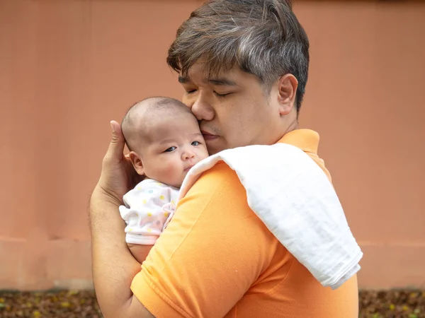 Portrait Happy Asia Father Holding His Newborn Sweet Baby Dressed — Stock Photo, Image