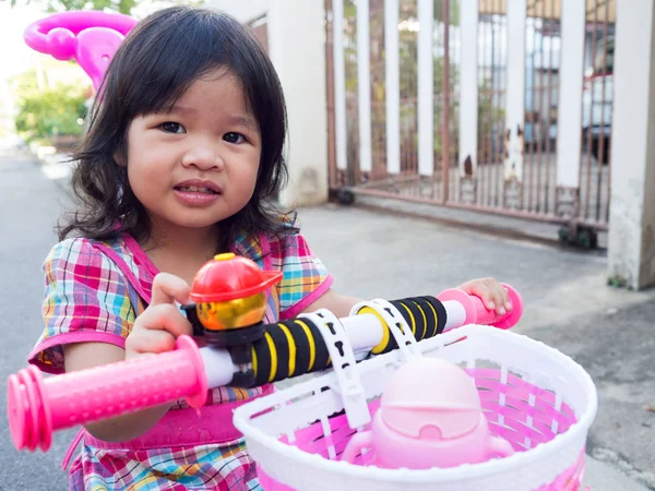 Asian Girl Pink Dress New Pink Bicycle She Smiling Happy — Stock Photo, Image