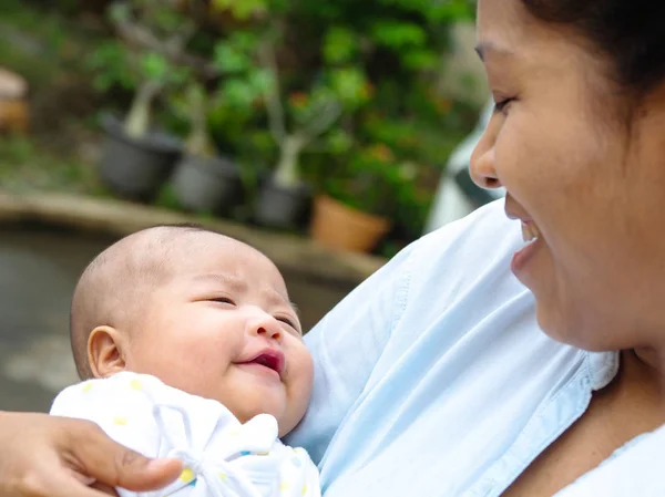 Portrait Happy Asia Mother Holding His Newborn Sweet Baby Dressed — Stock Photo, Image