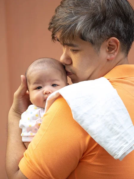 Portrait Happy Asia Father Holding His Newborn Sweet Baby Dressed — Stock Photo, Image