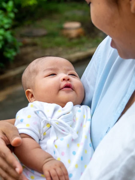 Portrait Happy Asia Mother Holding His Newborn Sweet Baby Dressed — Stock Photo, Image