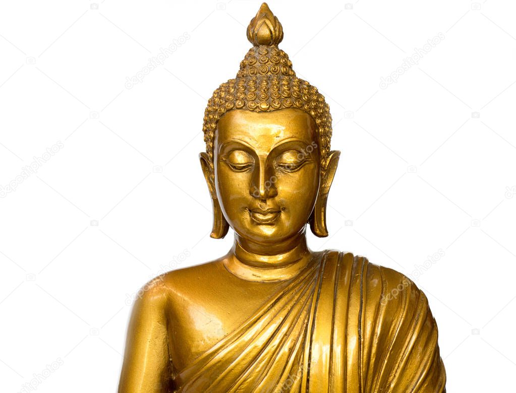 Golden antique buddha statue on the white background (isolated background). The face of the Buddha is Straight face. copyspace for text and content