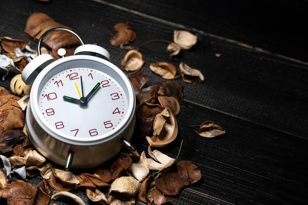 Reloj Vintage Blanco Puesto Hojas Secas Sobre Mesa Negra Retro — Foto de Stock