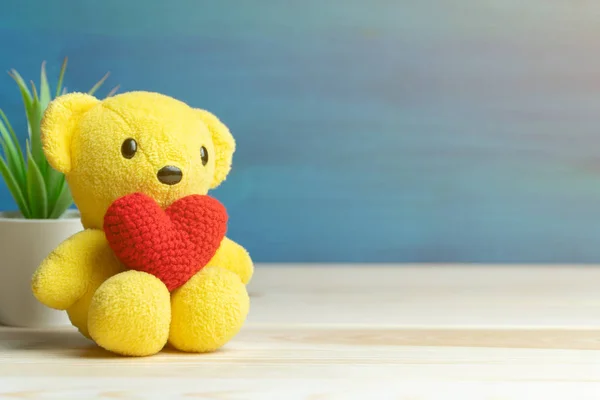 hand make yarn red heart put on yellow teddy bear in front of white pot and green ornamental plants on wooden table and blue background. Concept of valentines day.