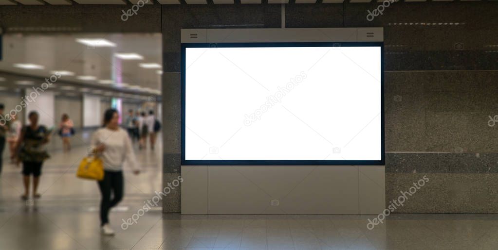 Blank mock up of vertical poster billboard on perspective horizontal outstanding on sky train platform