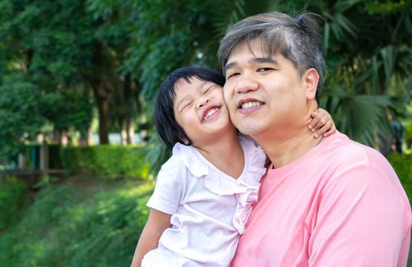 Asian Father Carrying Lovely Daughter Her Chest Both Father Daughter — Stock Photo, Image