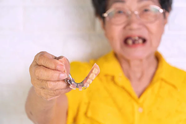 Asian Elderly Woman Years Old Holding Dentures Hand Dentures Prosthetic — Stock Photo, Image