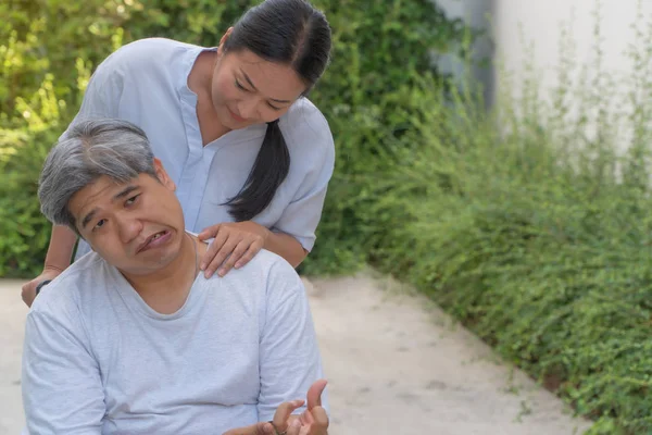 Patient Cerebrovascular Accident Stroke Caused Hypertension Obesity Sitting Wheelchair Him — Stock Photo, Image