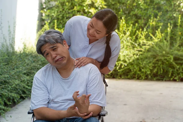 Patient Cerebrovascular Accident Stroke Caused Hypertension Obesity Sitting Wheelchair Him — Stock Photo, Image