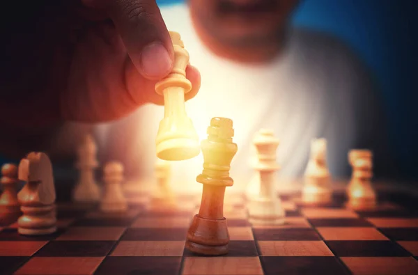 Hand Businessman Holding Brown King Chess Checkmate Competitor Win Games — Stock Photo, Image