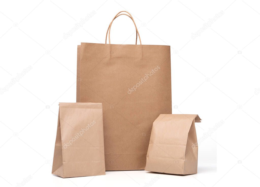 Group of lunch Paper bag and shopping paper bags isolated on a white background