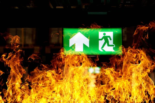 Der Decke Der Lagerhalle Hängen Grüne Feuerlöschschilder Das Konzept Der — Stockfoto