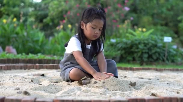 Pequeña chica de Asia sentada en la caja de arena y jugando cubo de pala de juguete y ella estaba recogiendo en cubo de pala de juguete. Jugar es un desarrollo de aprendizaje y construye músculo para los niños.. — Vídeos de Stock