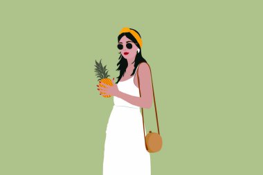 Moda kadın tropikal tatil ananas vektör illüstrasyon