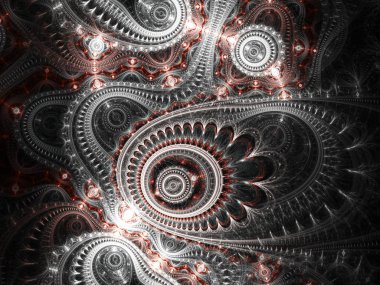 Kırmızı, siyah ve beyaz fraktal zaman makinesi, dijital sanat yaratıcı grafik tasarım için