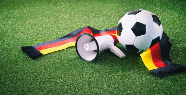 Bola Futebol Com Cachecol Alemão Megafone Chão Jogo — Fotografia de Stock